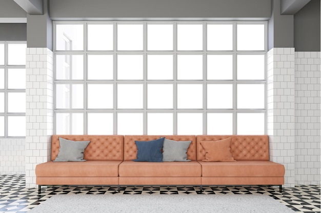 Wohnzimmer mit luxuriösem orangefarbenem Ledersofa, weißen Fenstern und klarem Glas 3D-Rendering