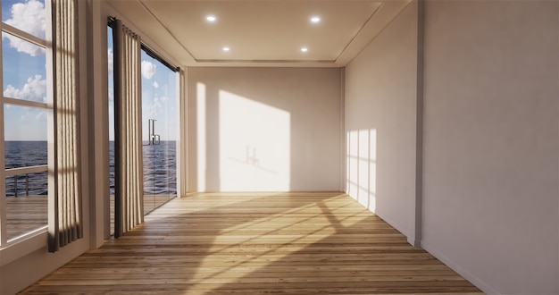 Wohnzimmer mit Meerblick und leerem Raum. 3D-Rendering