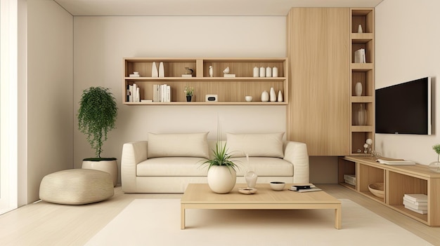 Wohnzimmer mit minimalistischem Innendesign und beigem, gemütlichem Farbton, dekoriert mit generativem Ai aus Holz