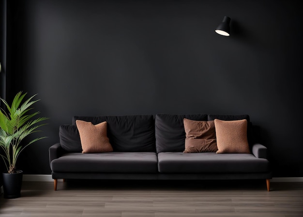 Wohnzimmer mit schwarzem Sofa, schwarzer Wand und Blumenminimalismus Generative KI