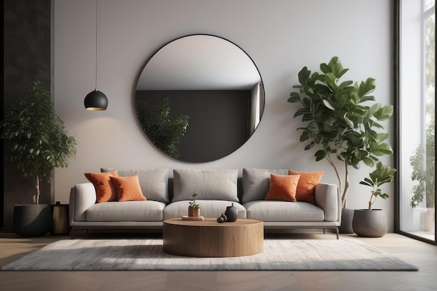 Wohnzimmer mit Sofa, Spiegel und Ficus