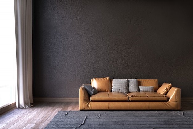 Wohnzimmer mit Sofa und grauer Wand.