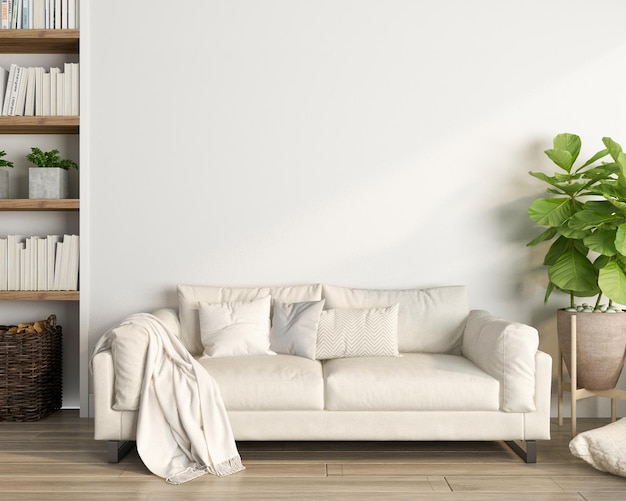 Wohnzimmer mit Sofa und weißer Wand für Design