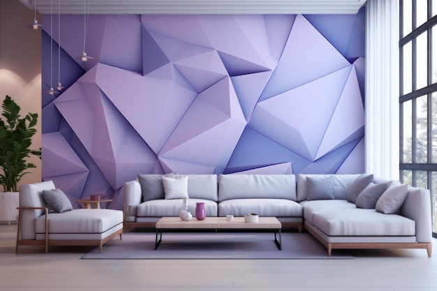 Wohnzimmer mit voller Wand, flach, geometrisch, Lavendel