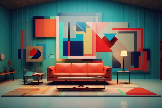 Wohnzimmer mit voller Wand Flach geometrisch Rot Grün Blau