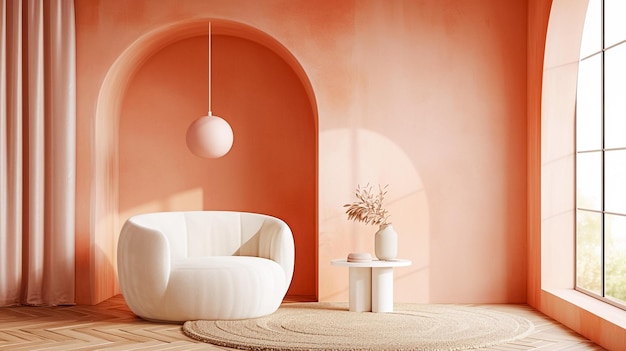 Wohnzimmer mit warmem Pfirsich-Orange-Farbpalette minimalistisches Design natürliche Beleuchtung