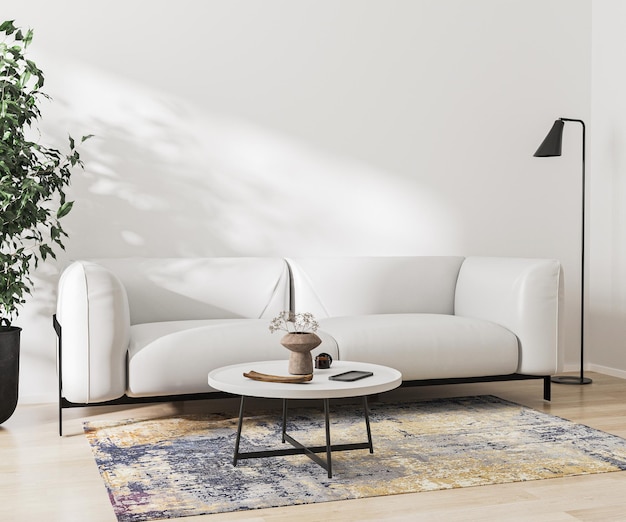 Wohnzimmer mit weißem Sofa, Couchtisch, Stehlampe, Holzboden mit Teppich, weiße Wand mit Blättern, Schatten, 3D-Rendering