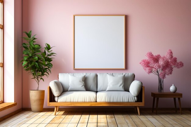 Wohnzimmer mit weißer Couch und rosa Wand Generative KI