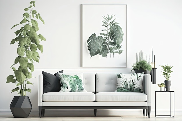 Wohnzimmer mit weißer Farbgebung Die Wände, Decke und Möbel können überwiegend weiß sein, wodurch eine saubere und helle Atmosphäre entsteht Generative KI