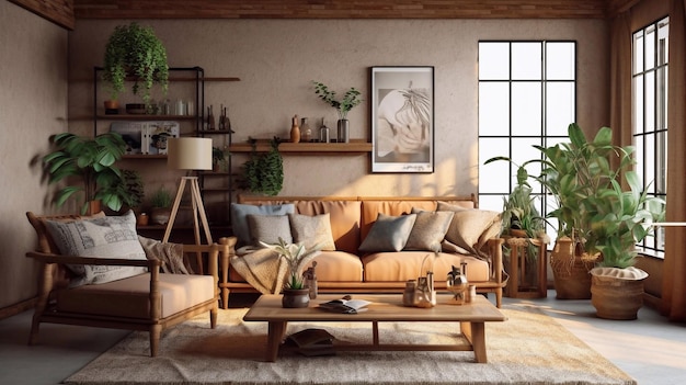 Wohnzimmer-Mockup in beige und braunen Farben3d-Rendering