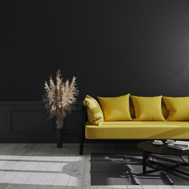 Wohnzimmer modernes Interieur mit schwarzer Wand gelbes Sofa und Pampas Gras Luxus dunkler Innenraum Hintergrund dunkler Wohnzimmer Mock-up skandinavischer Stil 3D-RenderingxA