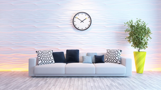 Wohnzimmer oder Salon Innenarchitektur mit Sitz oder Sofa und Wellenwand 3D-Rendering