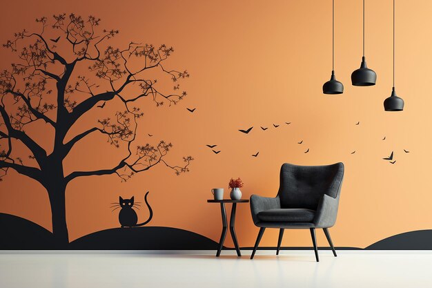 Foto wohnzimmer-wandaufkleber mit halloween-katze und fledermäusen auf baumsilhouette