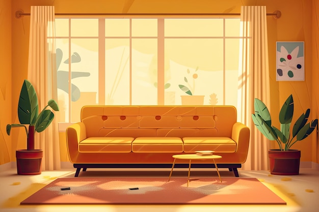 Wohnzimmerbereich mit einem Sofa, einer Lampe, einem Fenster und Pflanzen. Flache Illustration generative KI