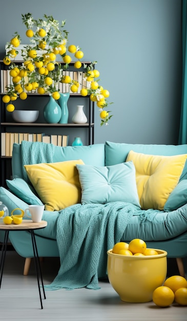 Wohnzimmerdekoration in Türkis- und Gelbtönen. Minimalistisches Konzept, generiert von KI