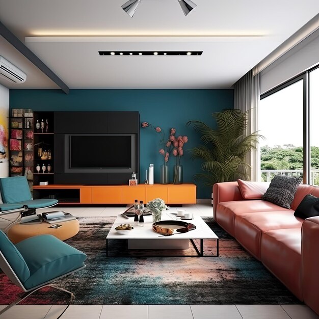 Wohnzimmerdesign im modernen Stil in Kontrastfarben