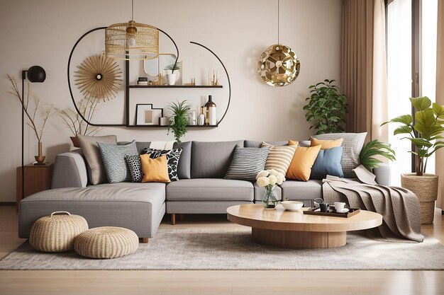 Wohnzimmereinrichtung im modernen Stil mit Sofa und Dekorationen