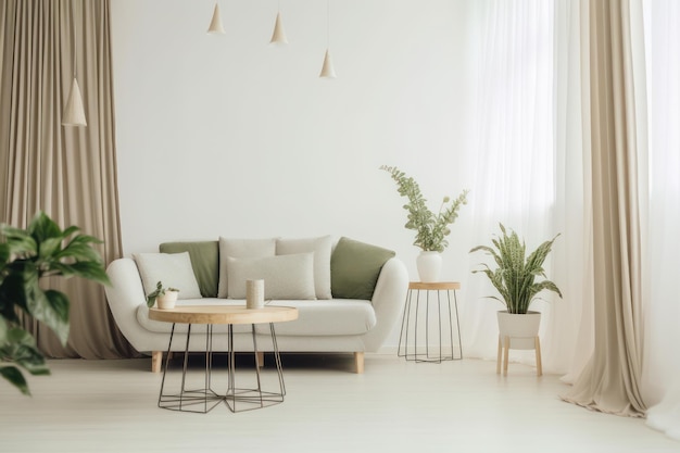Wohnzimmereinrichtung mit Pflanzen und Sofa in der Nähe von Holztisch