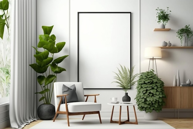 Wohnzimmergalerie Wandmodell, Rahmen an der Wand, minimalistisches Rahmenmodell, Poster, 3D-Rendering.