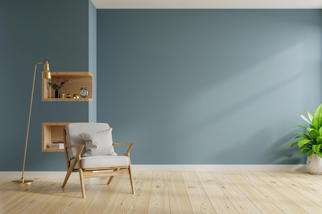Wohnzimmerinnenraum mit Sessel auf leerem dunkelblauem Wandhintergrund. 3D-Rendering