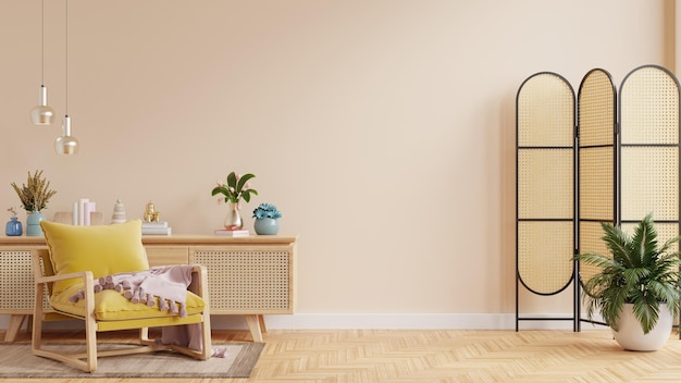 Wohnzimmerinnenwand mit gelbem Sessel auf leerem cremefarbenem Wandhintergrund 3D-Rendering