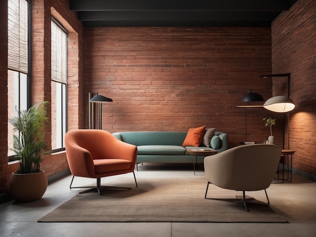 Wohnzimmerinterieur mit braunen Ziegelsteinwänden, Holzboden, orangefarbenem Sofa und Kaffeetisch