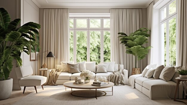 Foto wohnzimmerinterieur mit großem fenstersofa und pflanzen