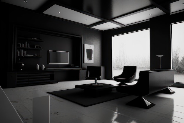 Wohnzimmerkonzept in schwarzer Farbe mit schwarz-weiß hervorgehobenen Möbeln