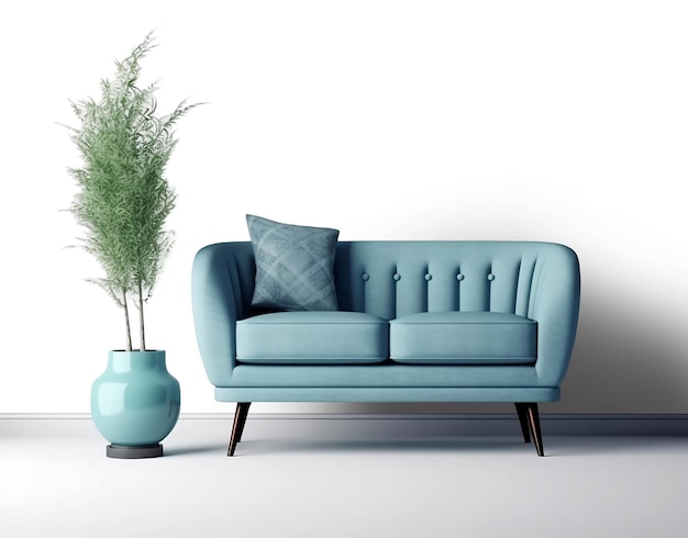 Wohnzimmerszene im Midcentury-Stil mit blauem Sofa