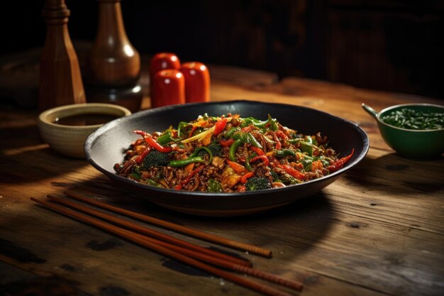 Wok auf einem rustikalen Holztisch mit Essstäbchen in der Nähe