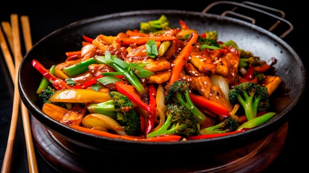 wok chinês com frango e vegetais Generative AI
