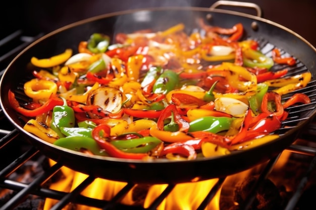Foto wok grelhado fumegante com pimentas misturadas
