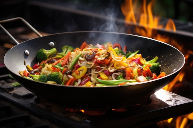 wok relleno de coloridas verduras salteadas en una estufa creada con IA generativa