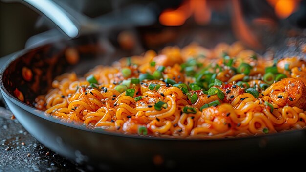 Woktossed Nudeln und frische Stirfry-Zutaten springen aus der Pfanne und zeigen die Energie und