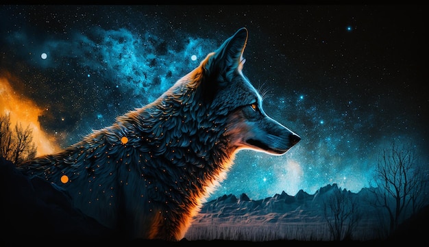 Wolf auf dem Hintergrund des Sternenhimmels Generative KI