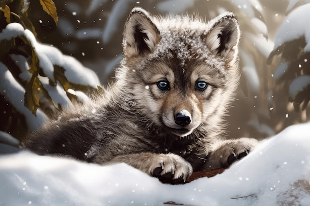 Wolf Baby Schnee spielen Generieren Sie Ai