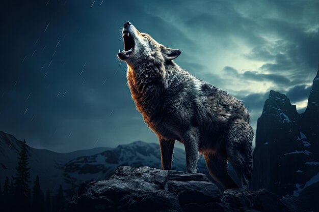 Wolf, der nachts in den Bergen heult 3D-Illustration AI generiert