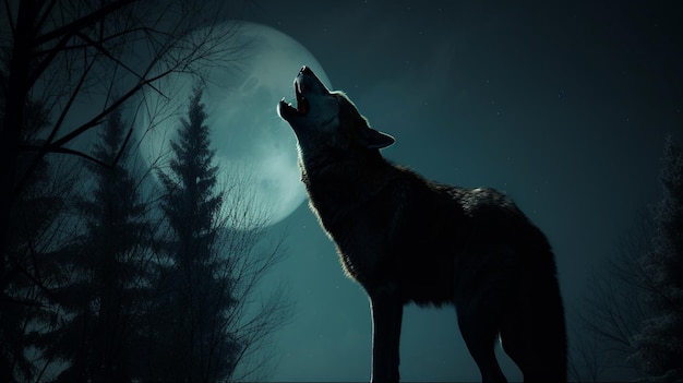 Wolf heult den Mond im tiefdunklen Bergwald an Der Mond scheint am Himmel