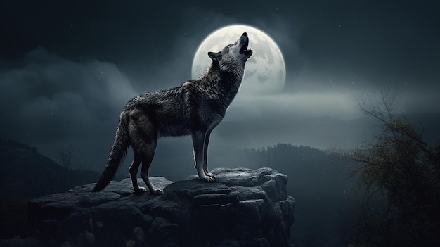 Wolf heult den Vollmond im Nachtwald angenerative KI
