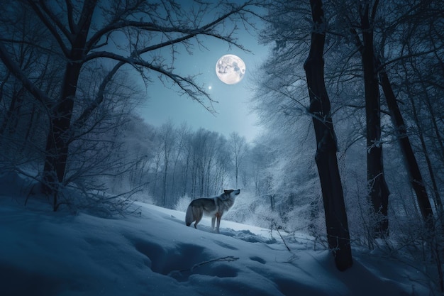 Wolf heult Vollmond im verschneiten Winterwald an