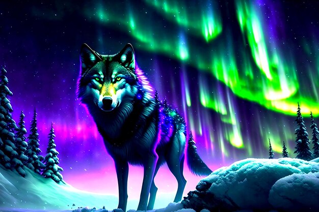 Wolf im mehrfarbigen Nordlicht Aurora borealis