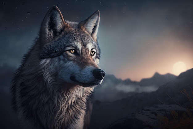 Wolf im Mondlicht Hyperrealismus