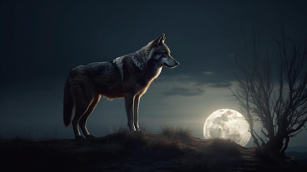 Wolf im Wald bei Nacht mit generativer Vollmond-KI