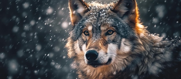 Wolf in der Nähe mit Schneefall-Hintergrund