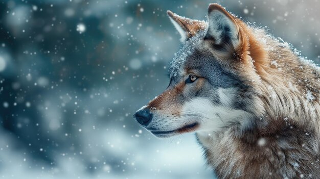 Wolf mit einem nachdenklichen Ausdruck inmitten des fallenden Schnees