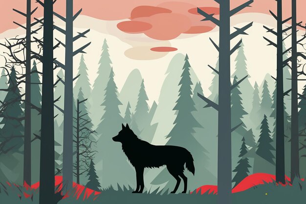 Wolf mit Mondnachtwaldillustration