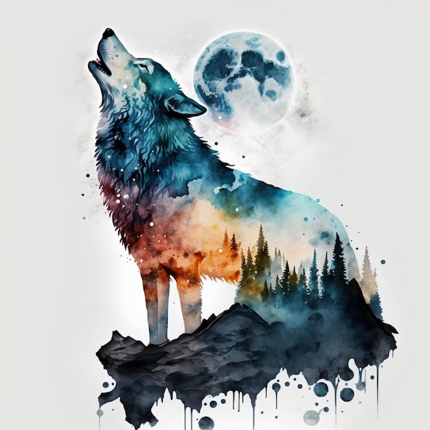 Wolf-Mond-Aquarell-Zusammenfassung