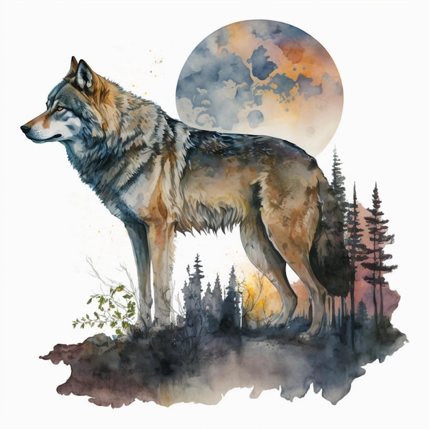 Wolf-Mond-Aquarell-Zusammenfassung