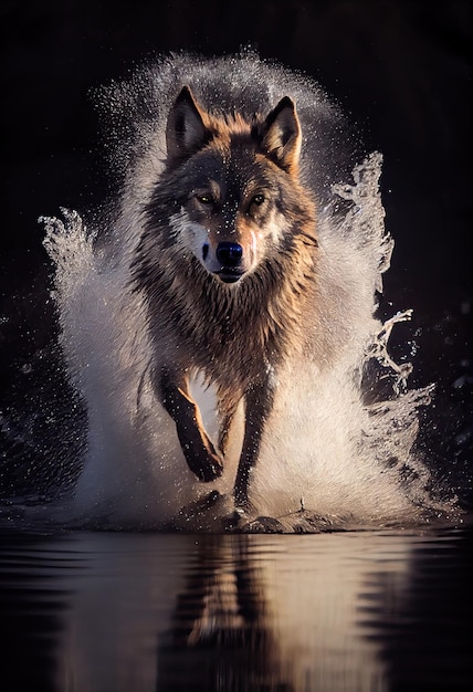 Wolf rennt durch Wasser IA generativa