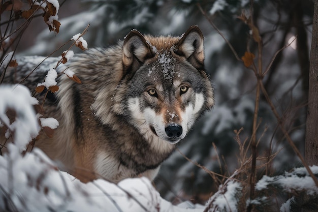 Wolf schleicht mit schneebedeckter Schnauze und Fell durch den Wald